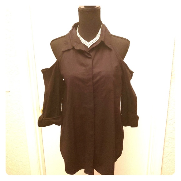 Fashion Web Tops - Womens Black Button Down Cold Shoulder Blouse